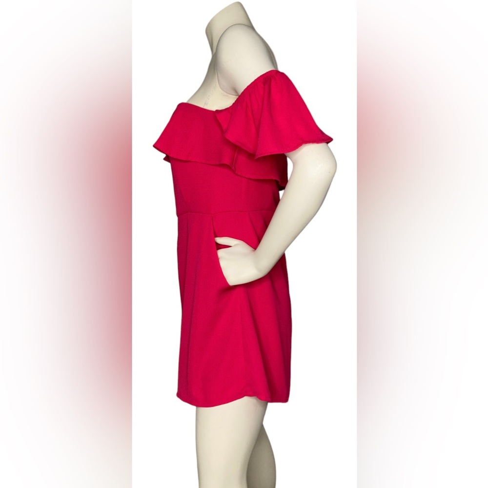 NWOT. SHINESTAR Pink Off Shoulder Flounce Sleeve Romper With Pockets - Picture 8 of 14